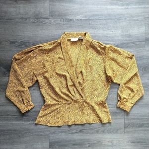 Vintage Evan Picone 80's Mustard Squiggle Print Long Sleeve Wrap Blouse Size 16